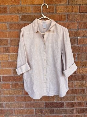 Chico’s 100% Linen No Iron Button Up 3/4 Sleeve Top Beige Sz 1 US 8 Coastal